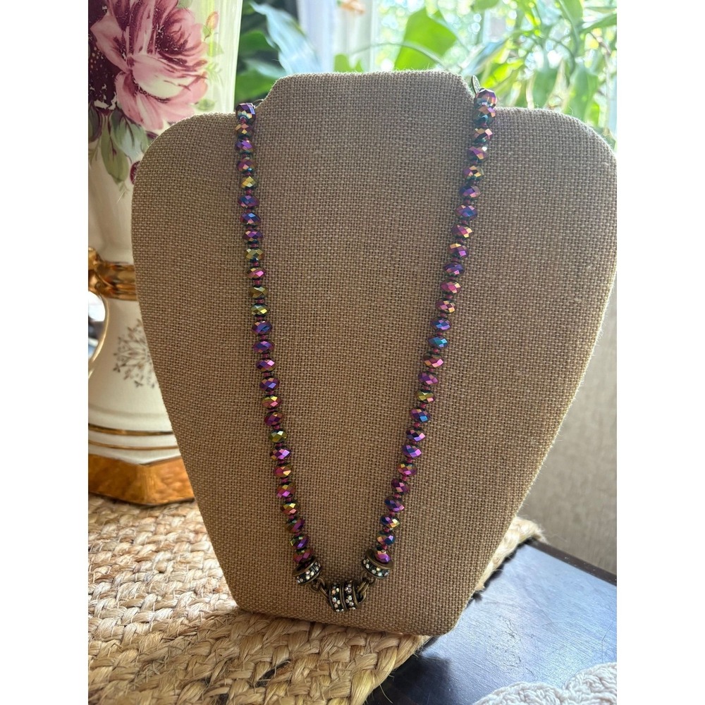 Kirks Folly Iridescent Purple AB Crystal Bead Necklace Antique Brass Rhinestone